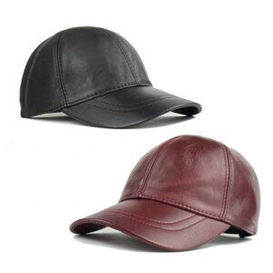 2 Pack Genuine Leather Ball Cap - Adjustable Baseball Hat Black & Bordo Color